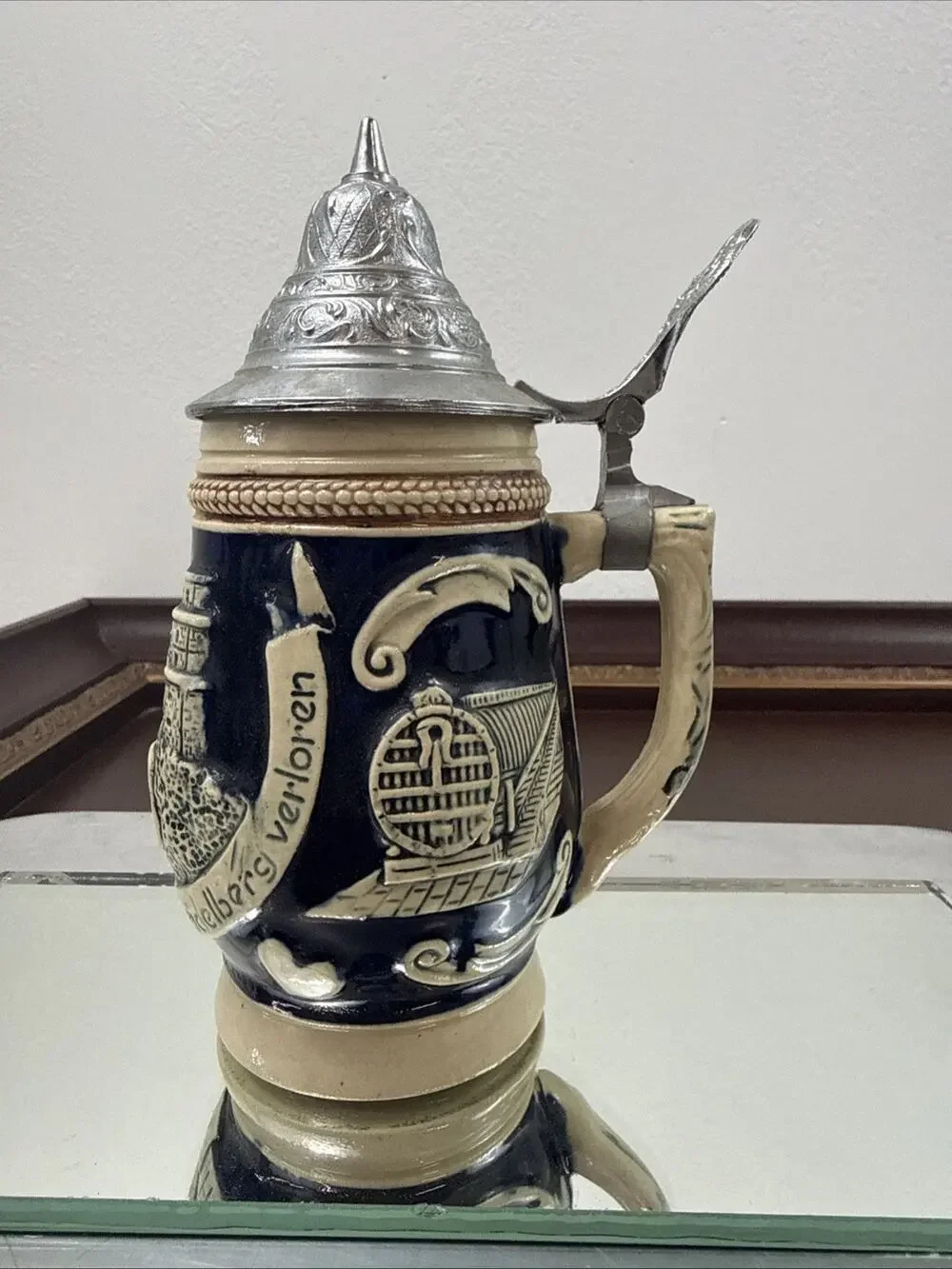 Vintage Original King German Beer Stein Cobalt Blue Castle Relief Pewter Lid KWG
